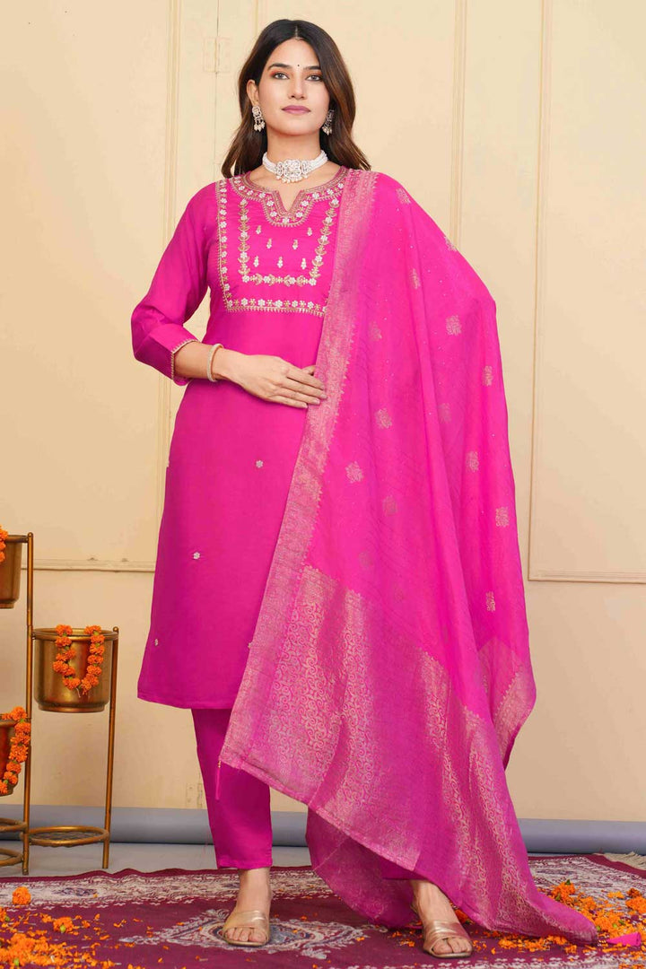 Viscose Fabric Pink Color Riveting Readymade Embroidered Salwar Suit | Buy Online India
