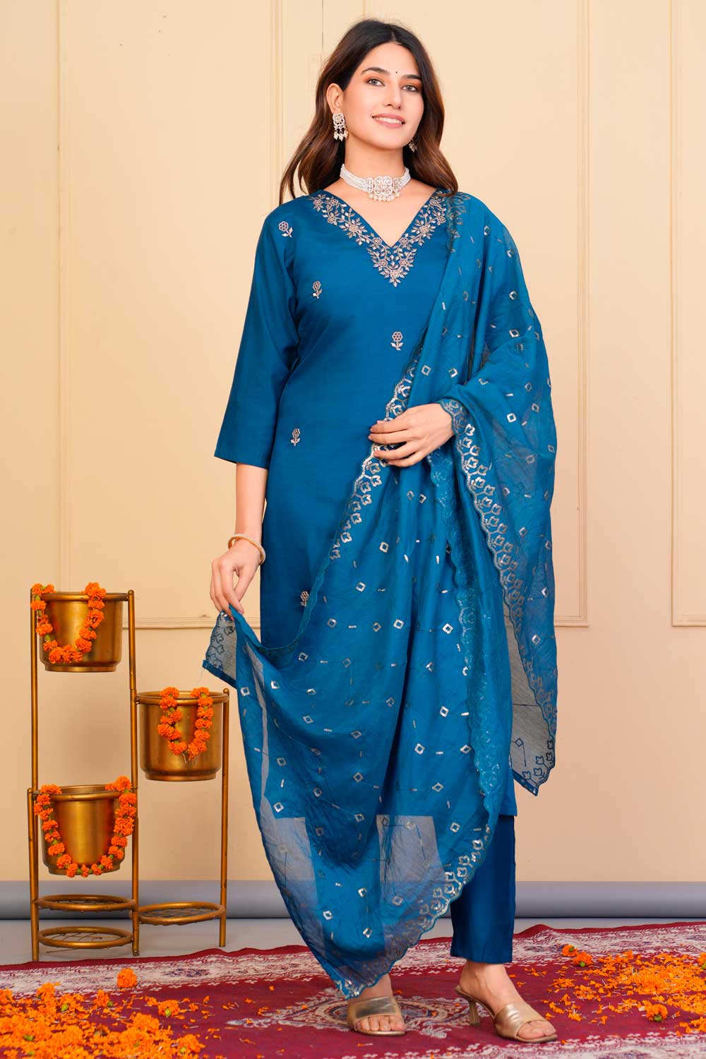 Viscose Fabric Teal Color Excellent Readymade Embroidered Salwar Suit | Buy Online India