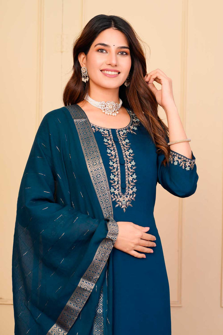 Viscose Fabric Blue Color Patterned Readymade Embroidered Salwar Suit | Buy Online India