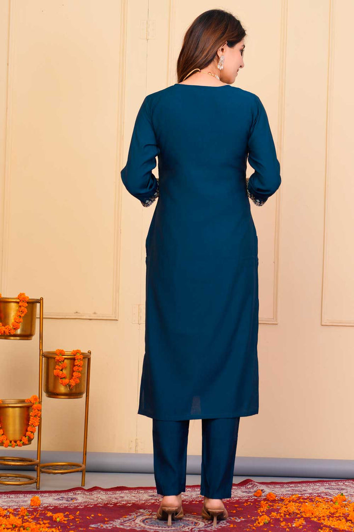 Viscose Fabric Blue Color Patterned Readymade Embroidered Salwar Suit | Buy Online India