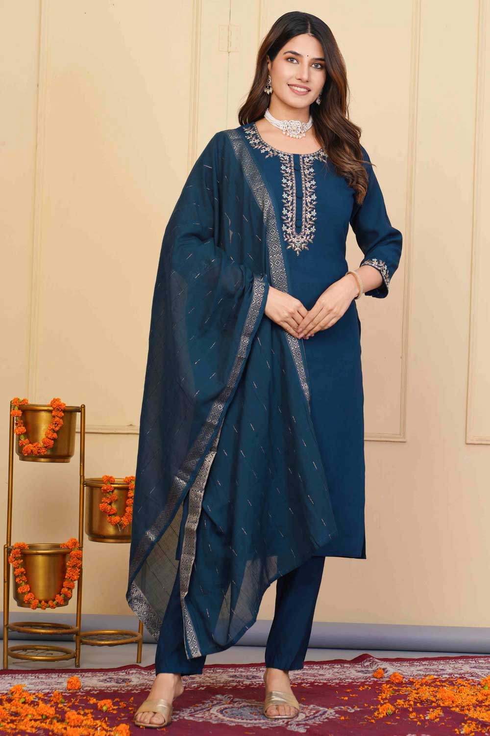 Viscose Fabric Blue Color Patterned Readymade Embroidered Salwar Suit | Buy Online India