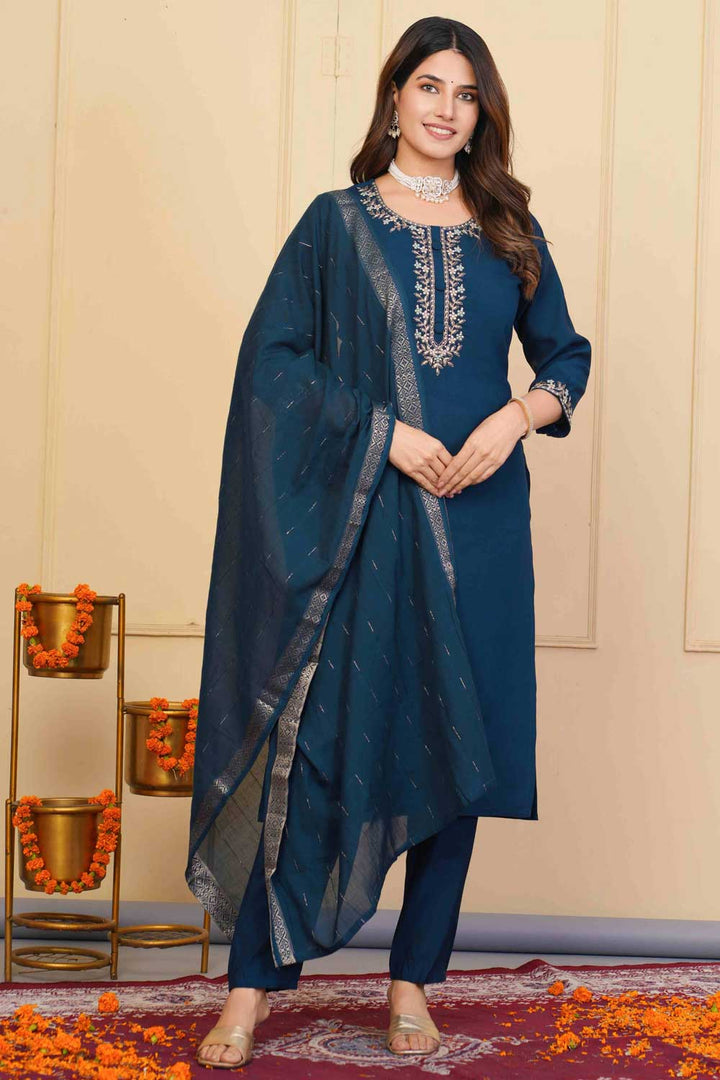Viscose Fabric Blue Color Patterned Readymade Embroidered Salwar Suit | Buy Online India