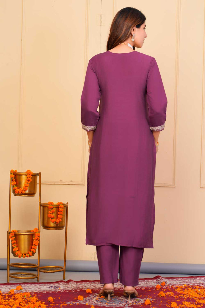 Wine Color Sober Readymade Embroidered Salwar Suit In Viscose Fabric | Buy Online India