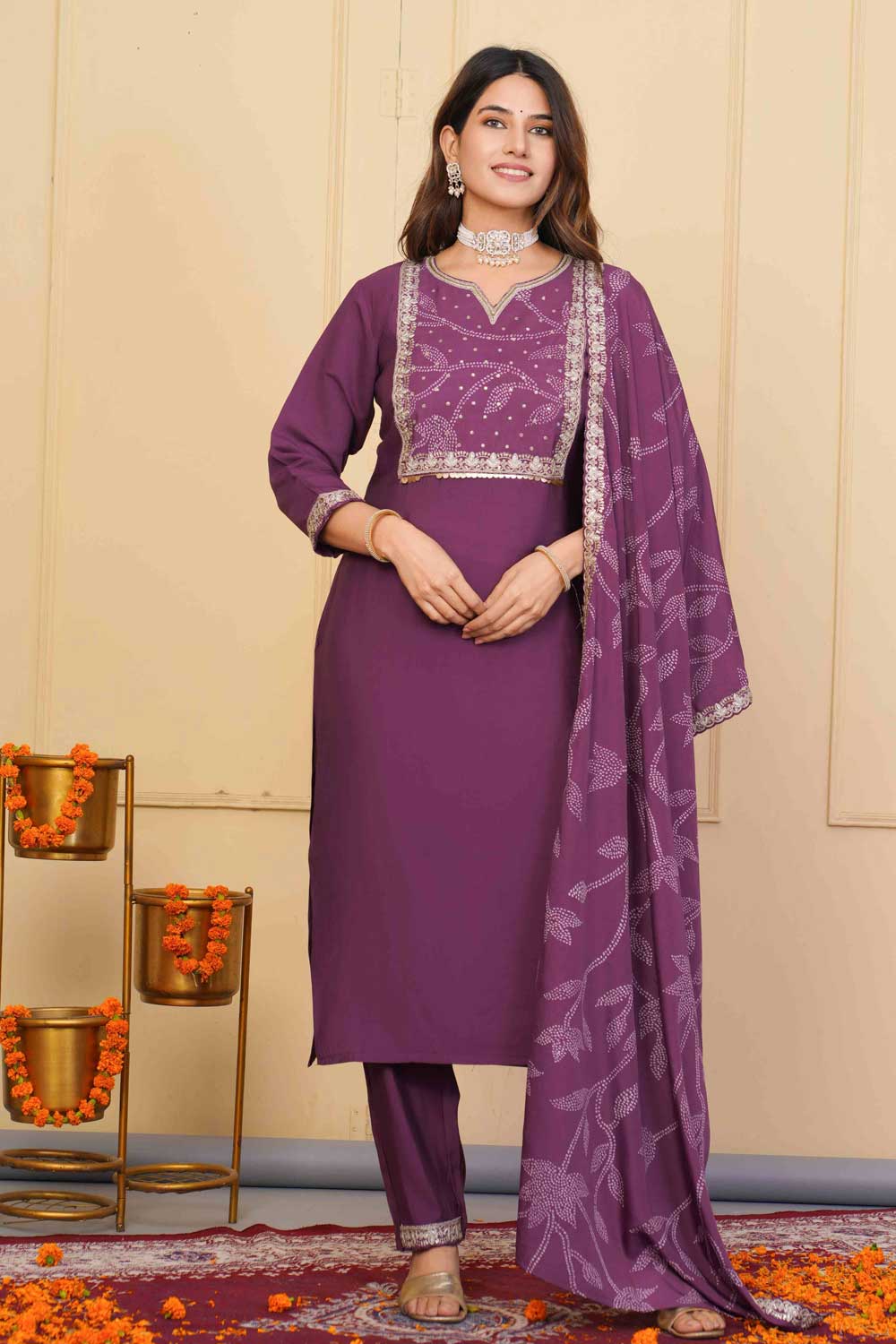 Wine Color Sober Readymade Embroidered Salwar Suit In Viscose Fabric | Buy Online India