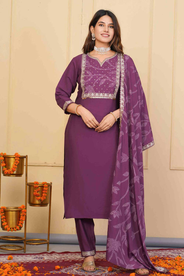 Wine Color Sober Readymade Embroidered Salwar Suit In Viscose Fabric | Buy Online India