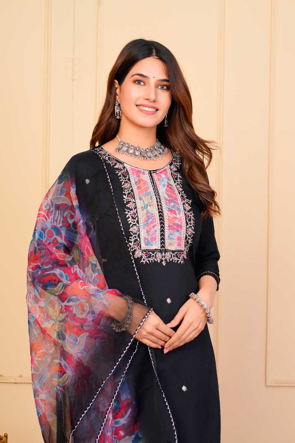 Creative Black Color Rayon Fabric Readymade Embroidered Salwar Suit | Buy Online India