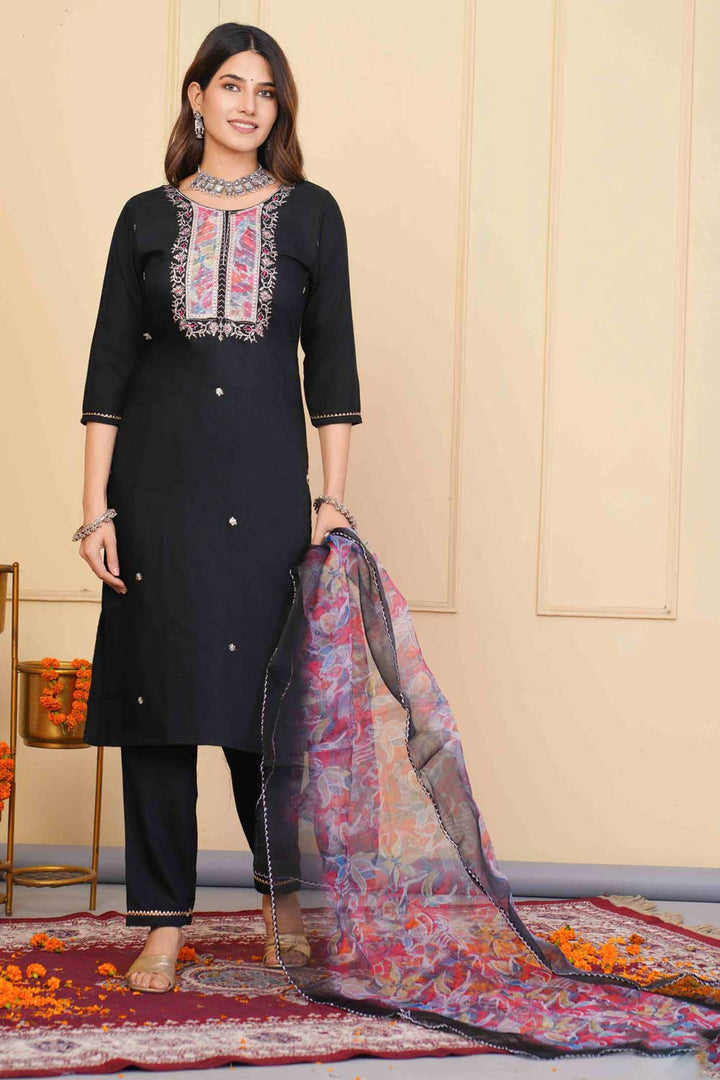 Creative Black Color Rayon Fabric Readymade Embroidered Salwar Suit | Buy Online India