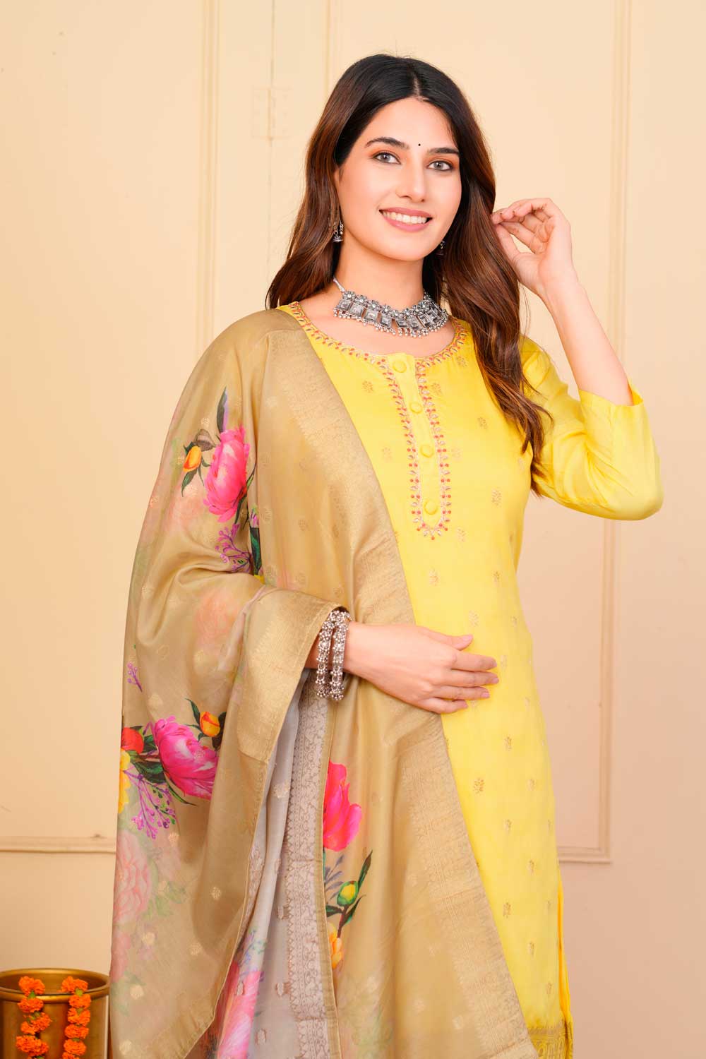 Excellent Viscose Fabric Yellow Color Readymade Embroidered Salwar Suit | Buy Online India