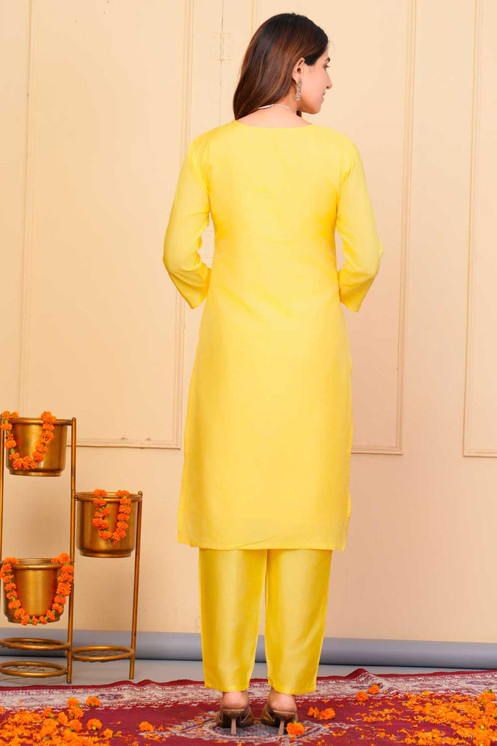 Excellent Viscose Fabric Yellow Color Readymade Embroidered Salwar Suit | Buy Online India