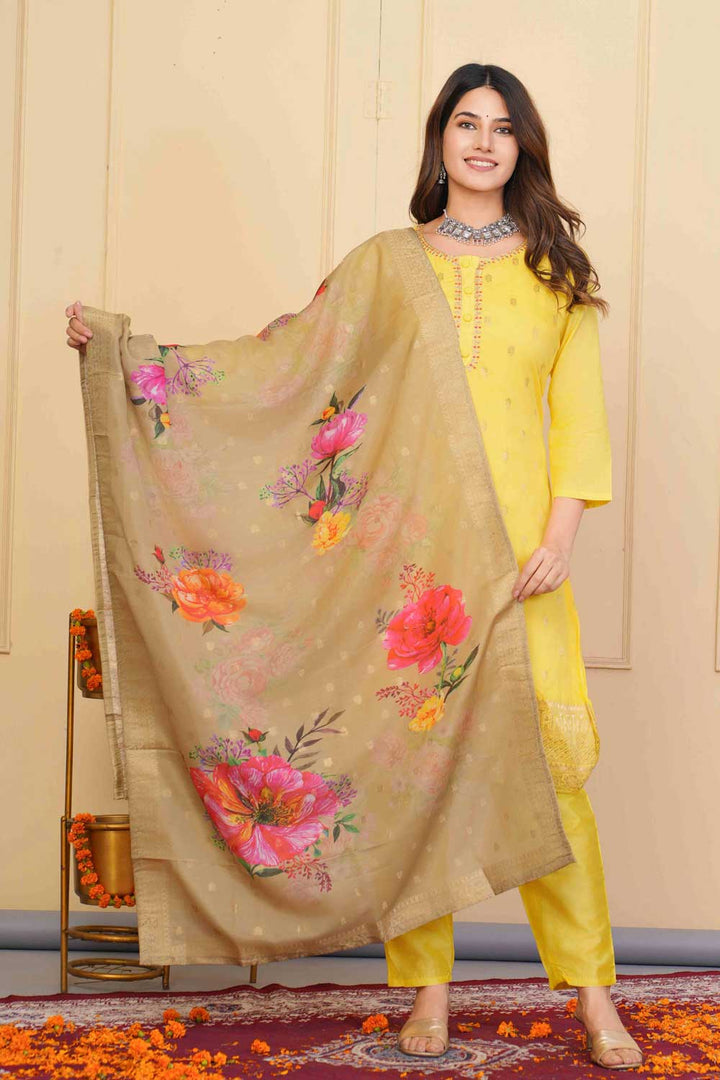 Excellent Viscose Fabric Yellow Color Readymade Embroidered Salwar Suit | Buy Online India