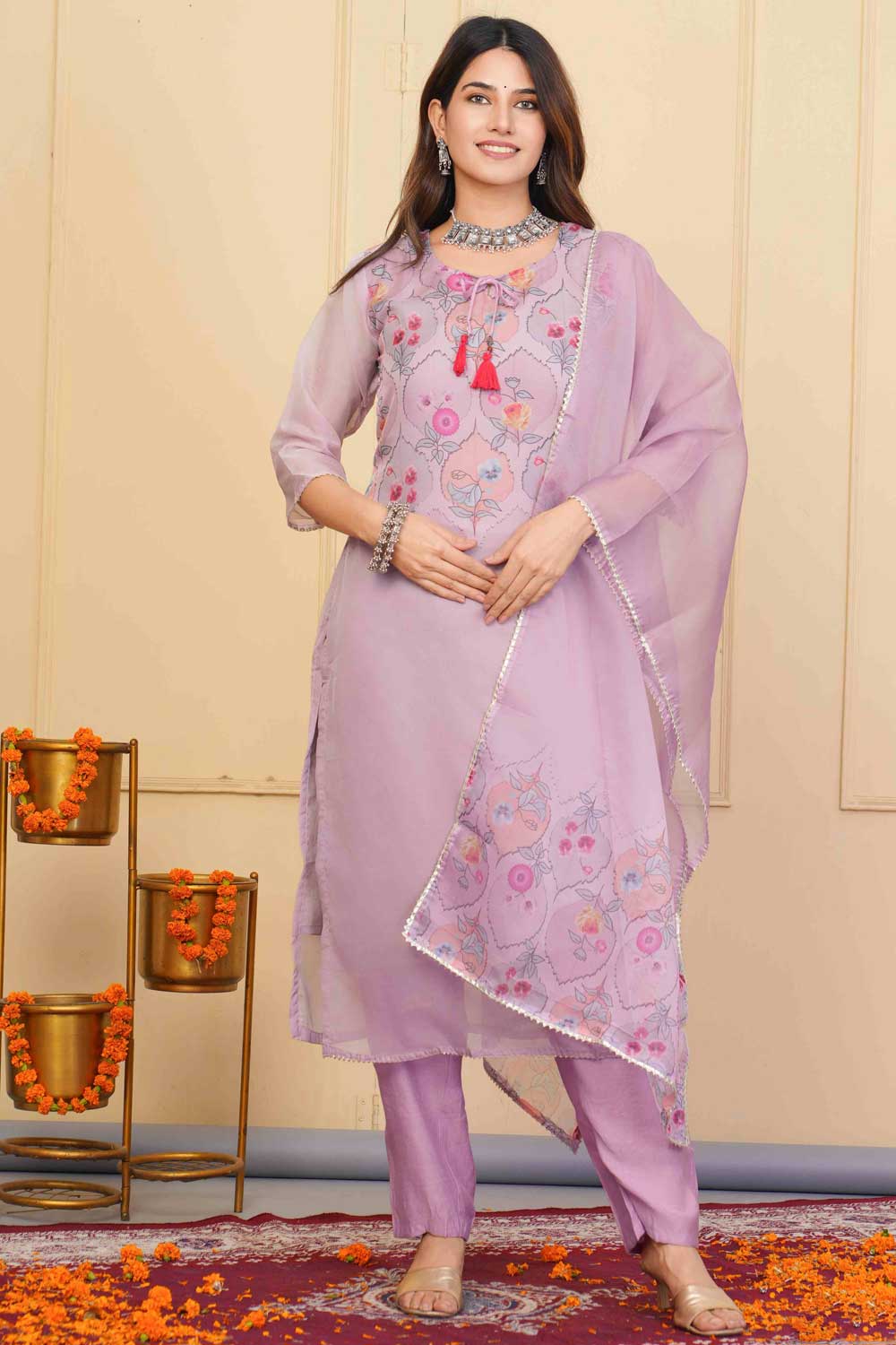 Lavender Color Organza Fabric Stunning Readymade Embroidered Salwar Suit | Buy Online India