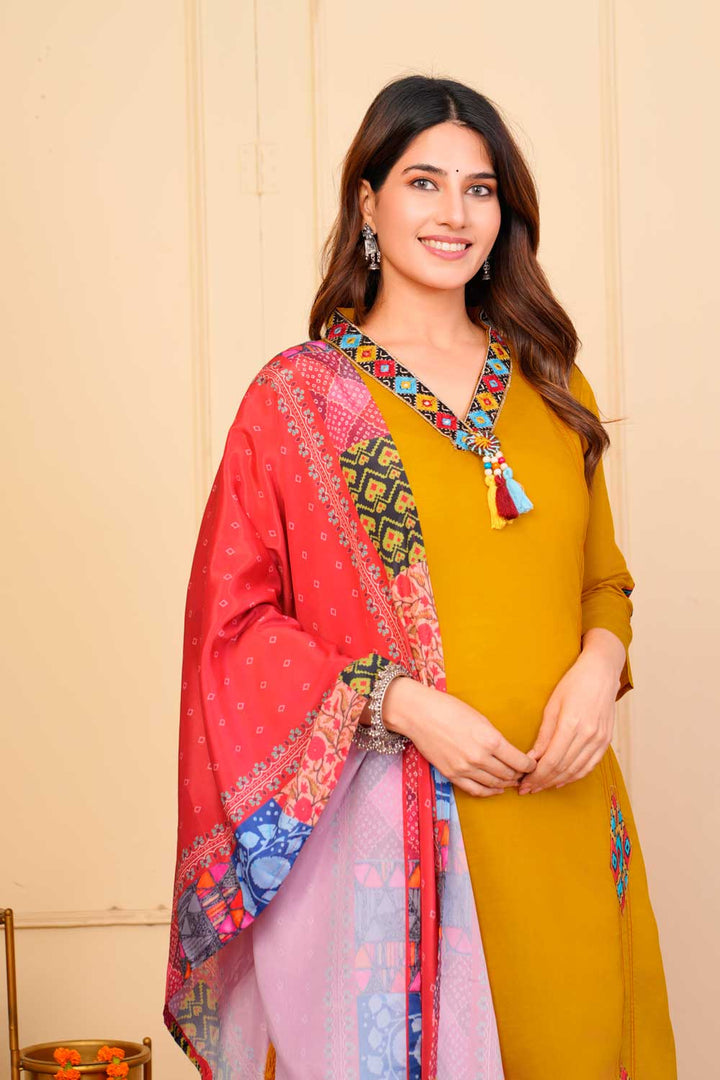 Beguiling Mustard Color Viscose Fabric Readymade Embroidered Salwar Suit | Buy Online India