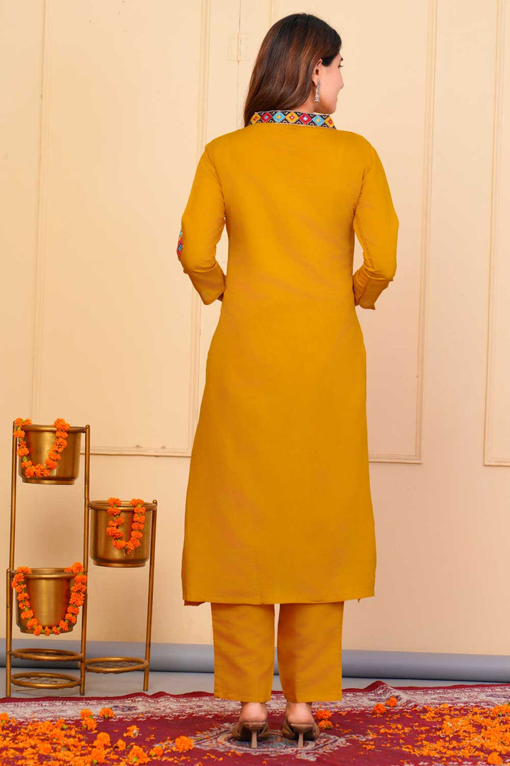 Beguiling Mustard Color Viscose Fabric Readymade Embroidered Salwar Suit | Buy Online India