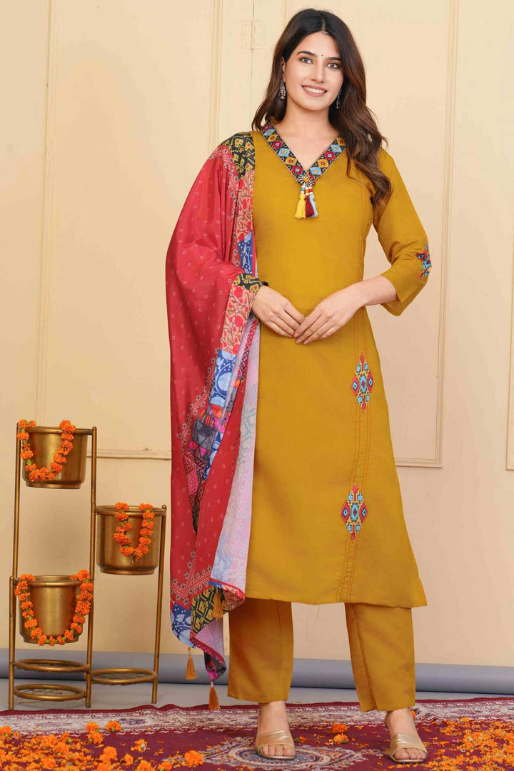 Beguiling Mustard Color Viscose Fabric Readymade Embroidered Salwar Suit | Buy Online India
