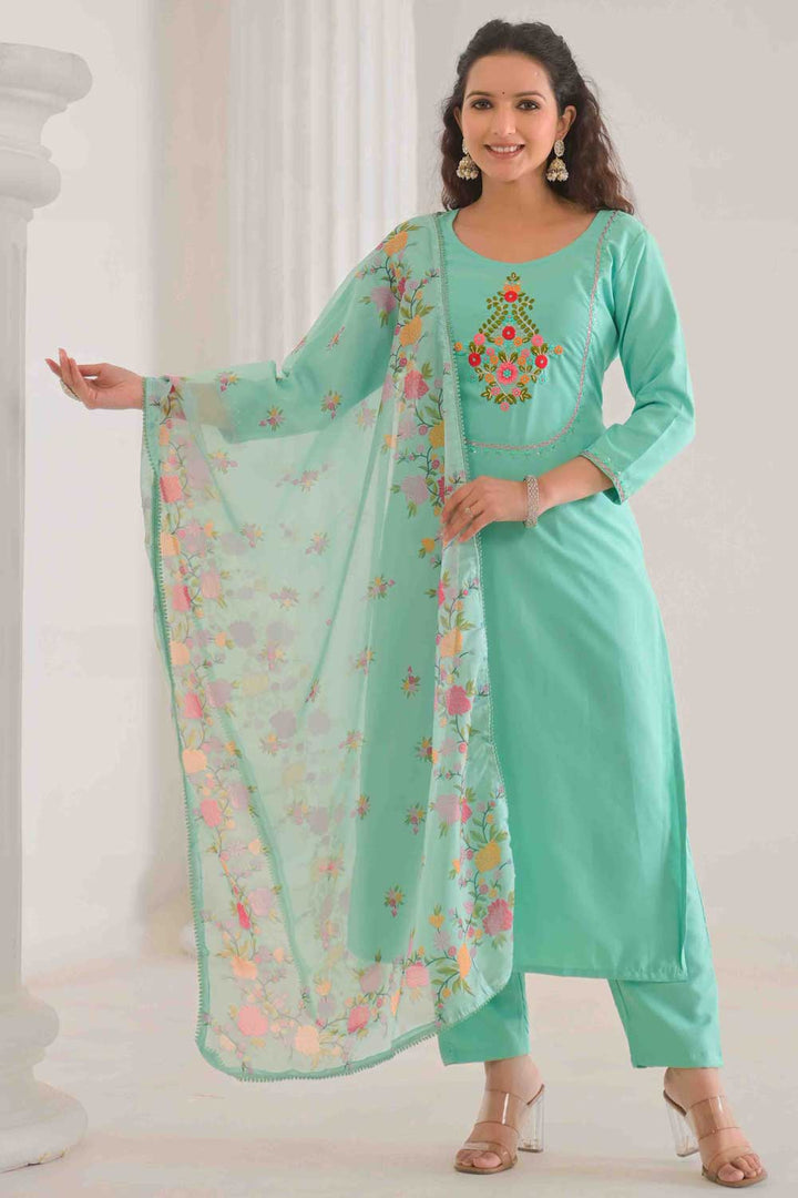 Engaging Sea Green Color Rayon Fabric Readymade Salwar Suit | Buy Online India