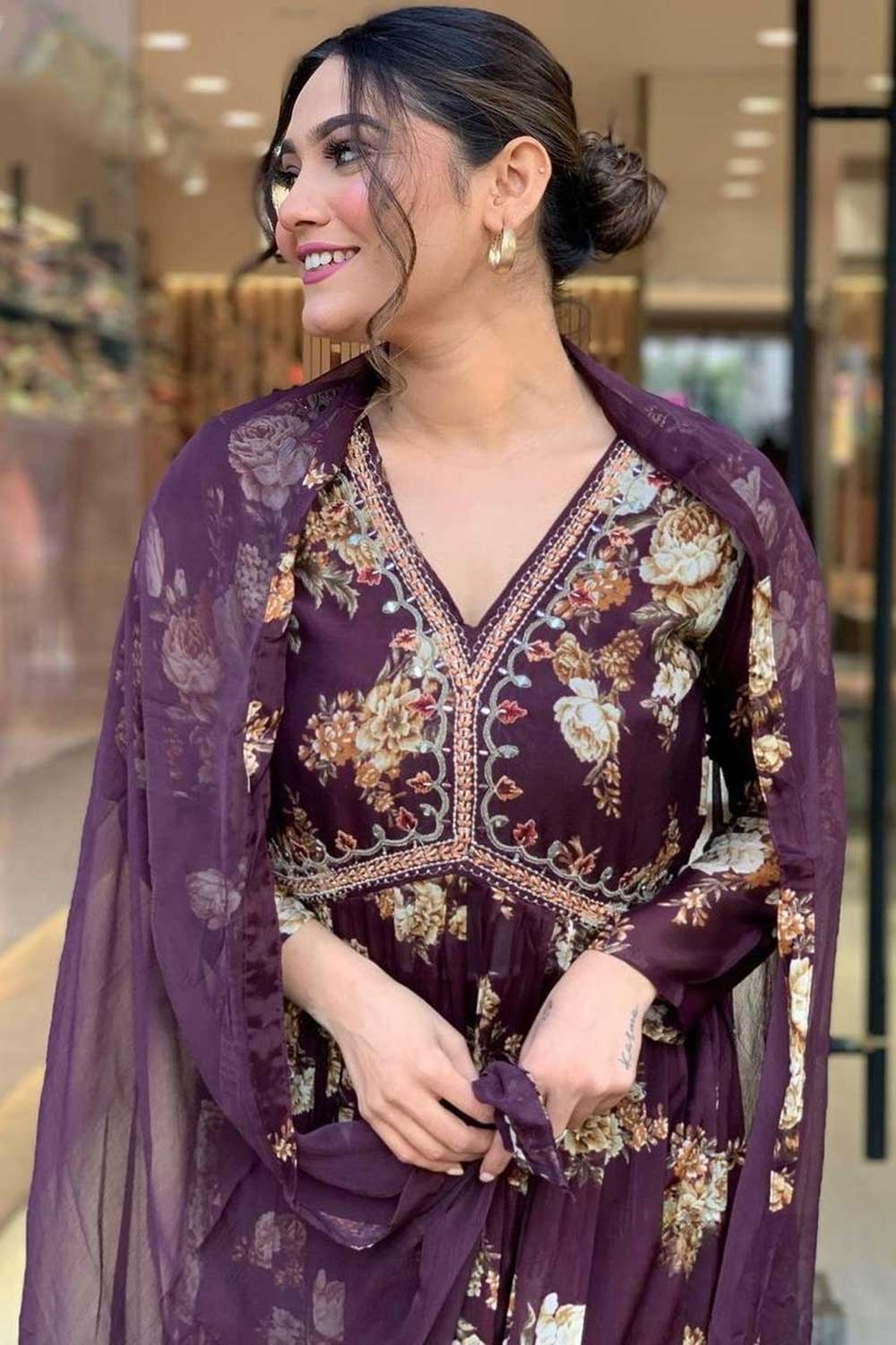 Georgette Fabric Wine Color Gorgeous Readymade Salwar Suit | Buy Online India