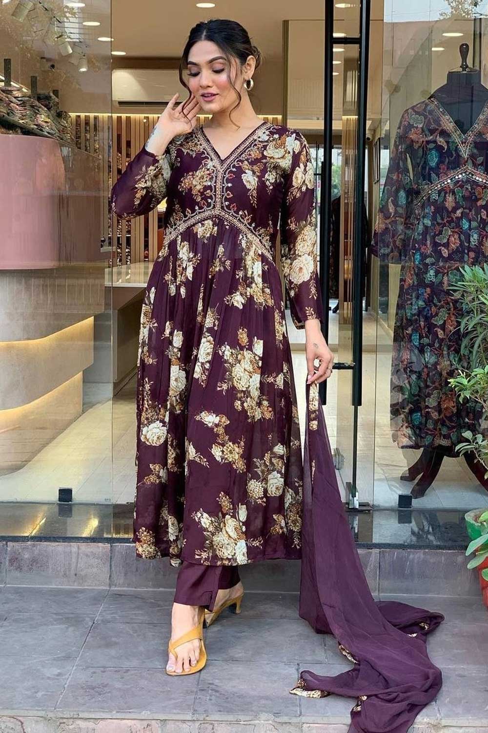 Georgette Fabric Wine Color Gorgeous Readymade Salwar Suit | Buy Online India
