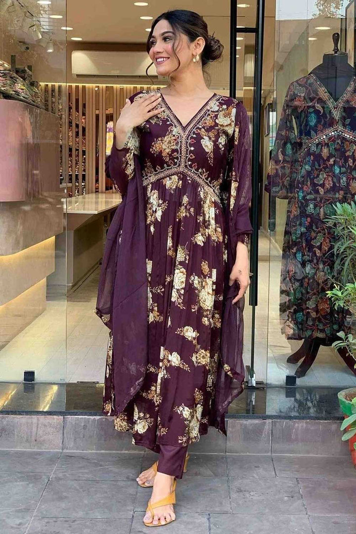 Georgette Fabric Wine Color Gorgeous Readymade Salwar Suit | Buy Online India