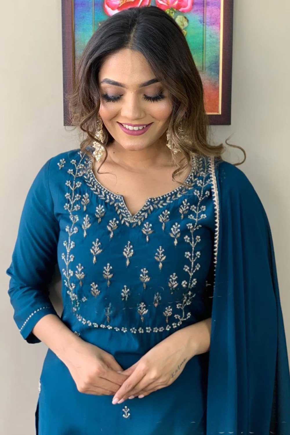 Graceful Rayon Fabric Teal Color Readymade Salwar Suit | Buy Online India