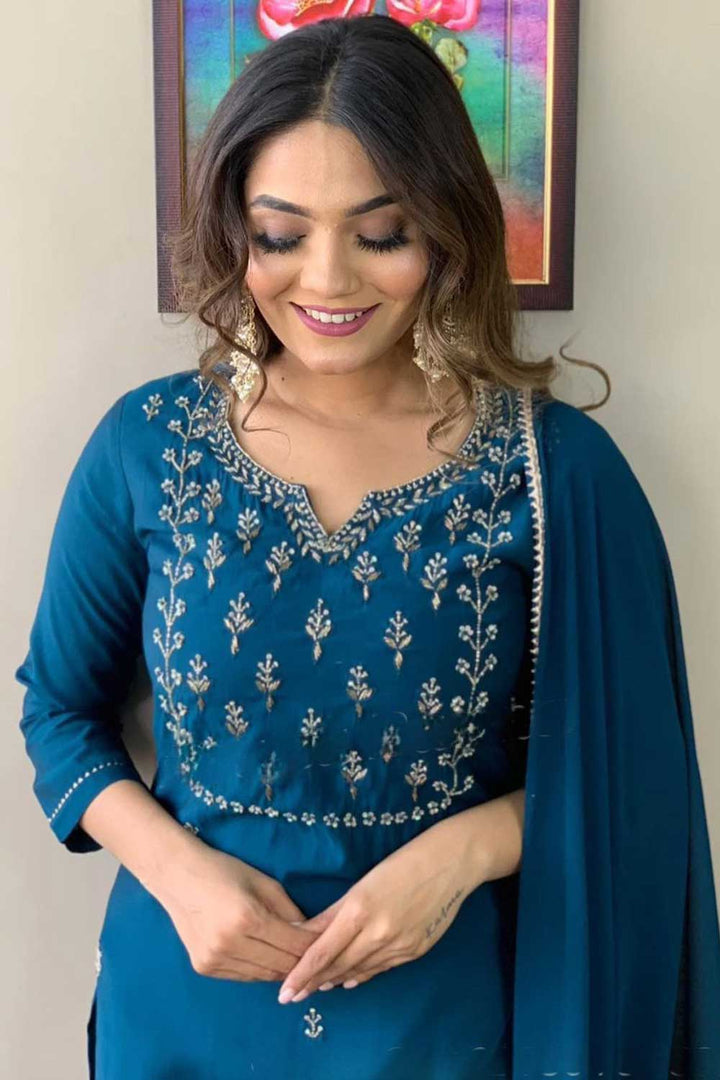 Graceful Rayon Fabric Teal Color Readymade Salwar Suit | Buy Online India