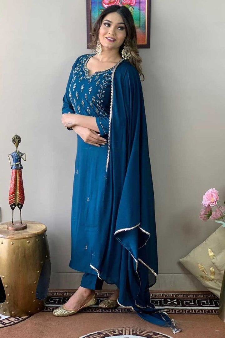 Graceful Rayon Fabric Teal Color Readymade Salwar Suit | Buy Online India