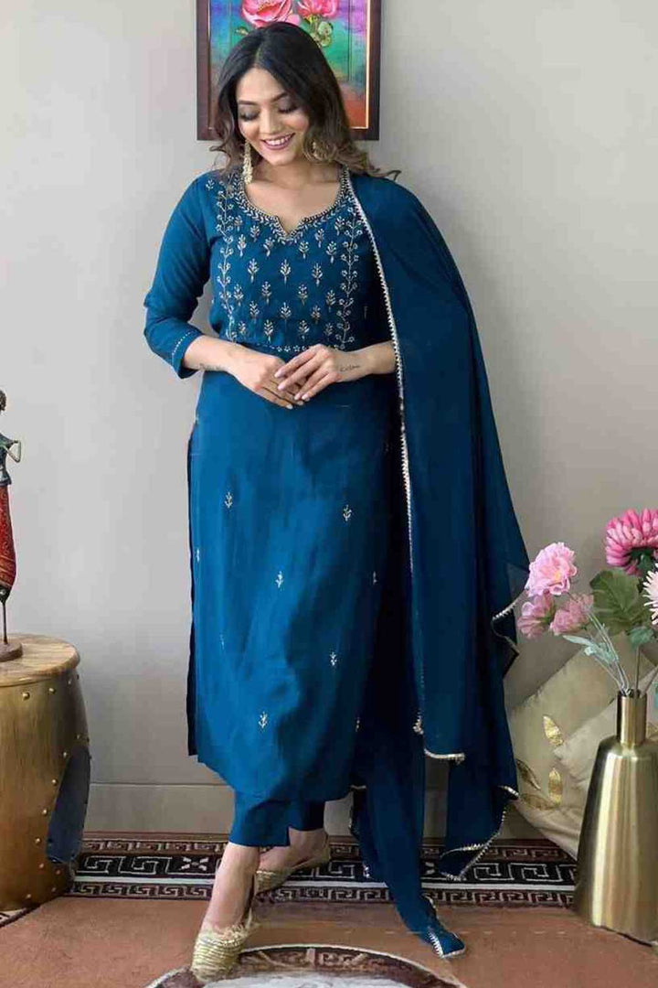 Graceful Rayon Fabric Teal Color Readymade Salwar Suit | Buy Online India