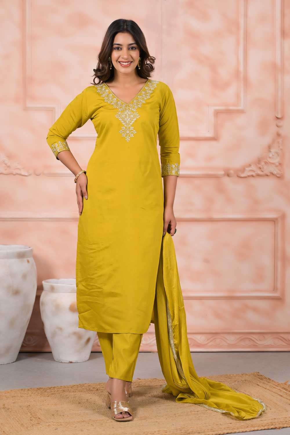 Yellow Color Chanderi Fabric Engaging Readymade Salwar Suit | Buy Online India
