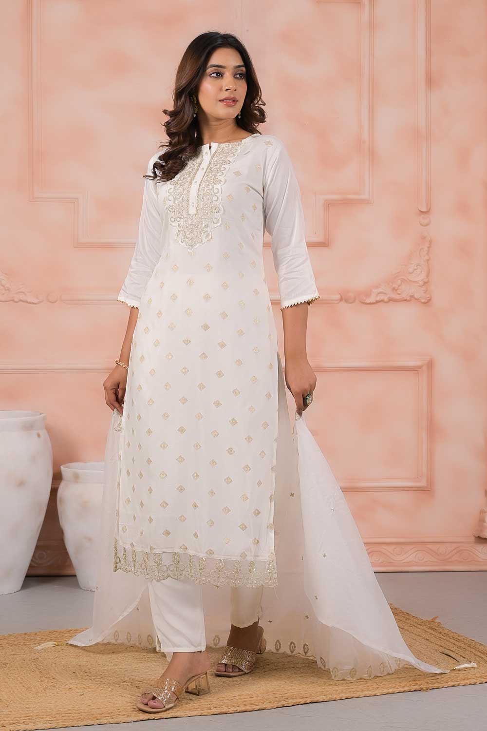 White Color Sober Readymade Salwar Suit In Viscose Fabric | Buy Online India