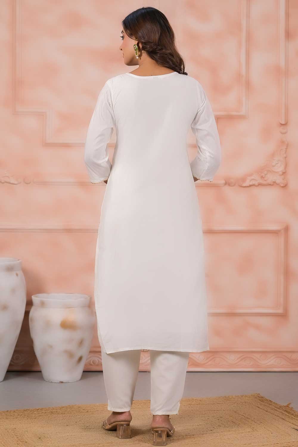 White Color Sober Readymade Salwar Suit In Viscose Fabric | Buy Online India
