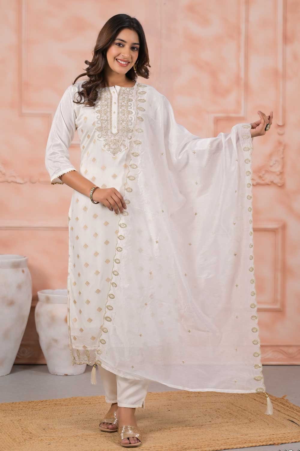 White Color Sober Readymade Salwar Suit In Viscose Fabric | Buy Online India