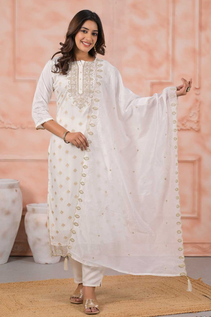 White Color Sober Readymade Salwar Suit In Viscose Fabric | Buy Online India