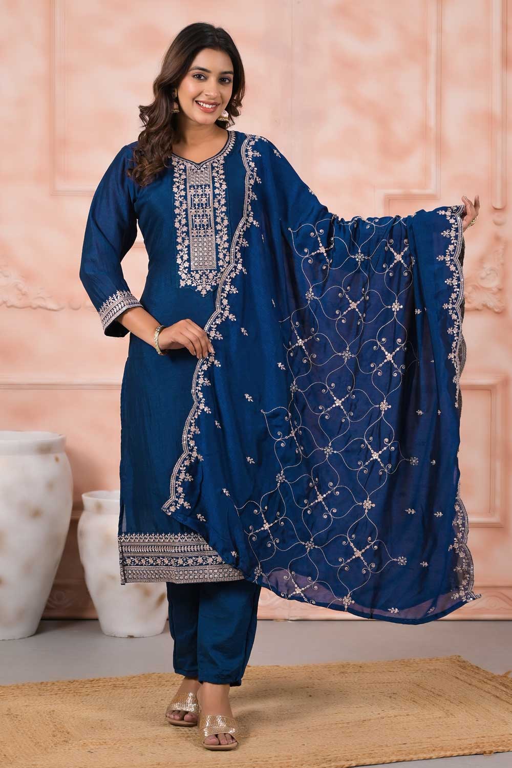 Creative Navy Blue Color Art Silk Fabric Readymade Salwar Suit | Buy Online India