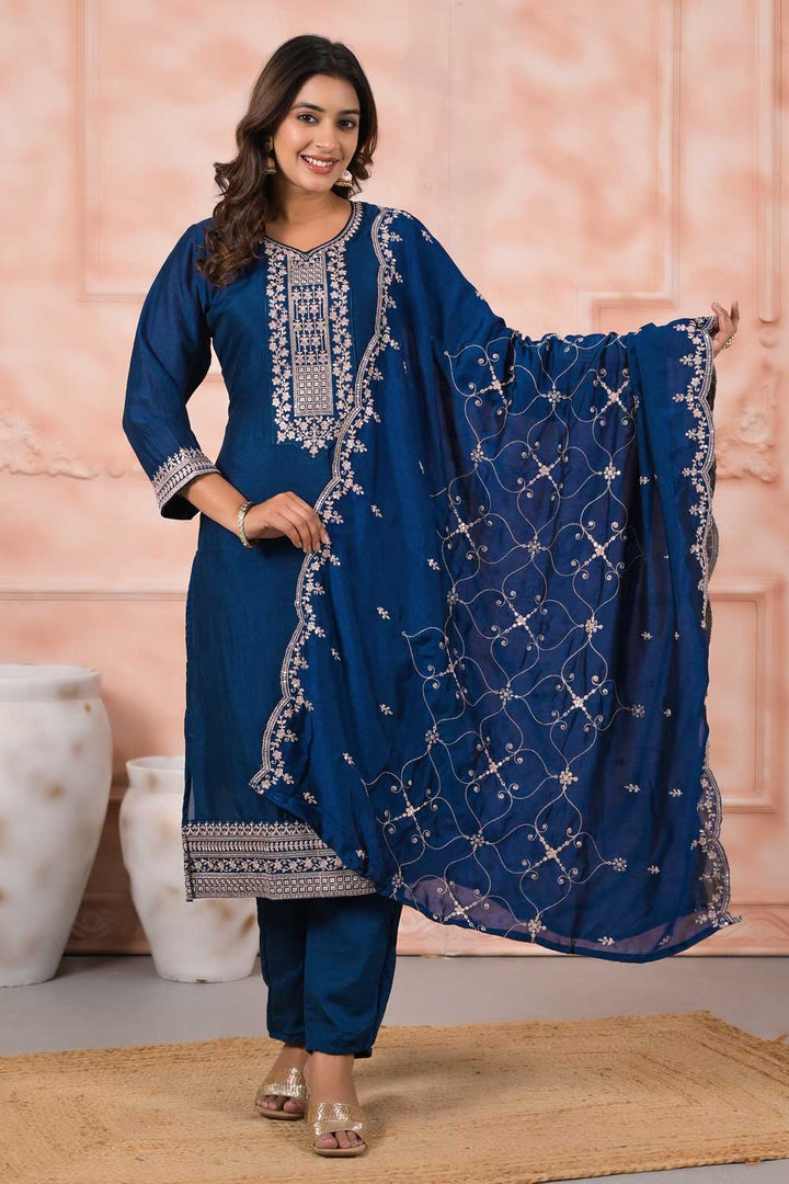 Creative Navy Blue Color Art Silk Fabric Readymade Salwar Suit | Buy Online India
