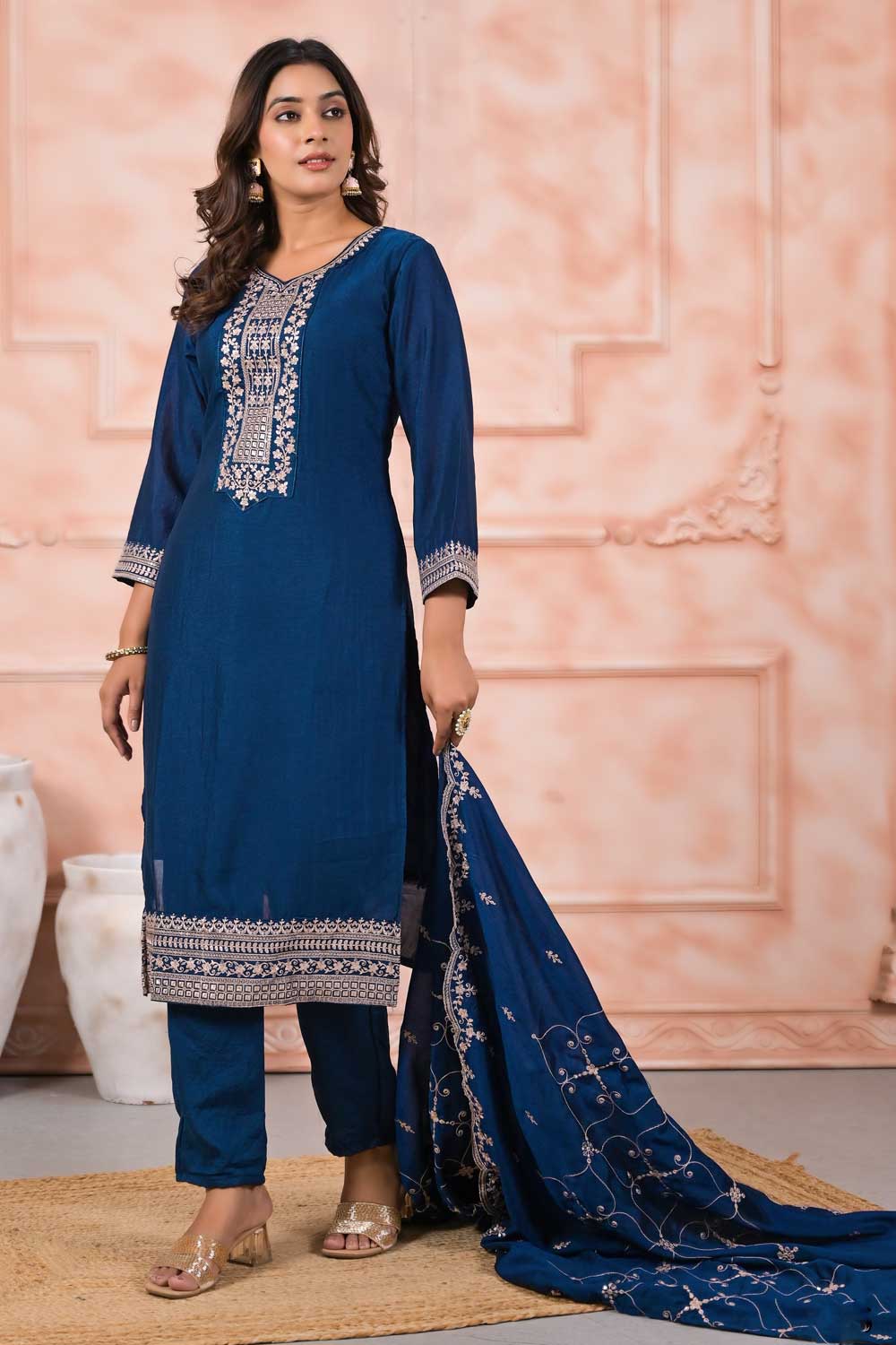 Creative Navy Blue Color Art Silk Fabric Readymade Salwar Suit | Buy Online India