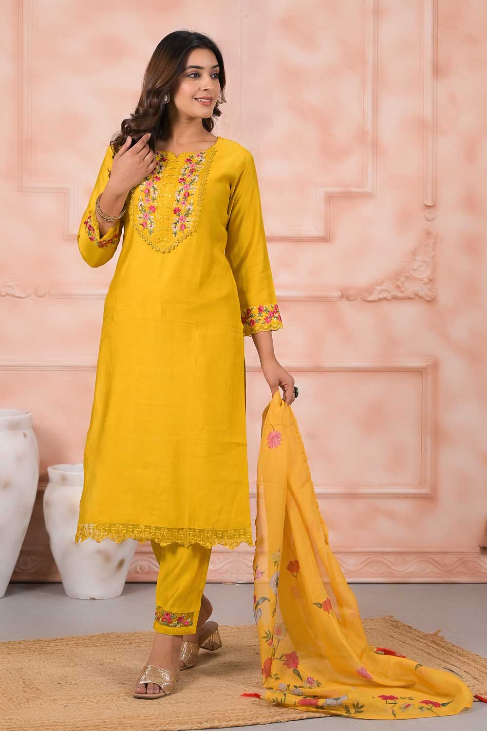 Beguiling Yellow Color Art Silk Fabric Readymade Salwar Suit | Buy Online India