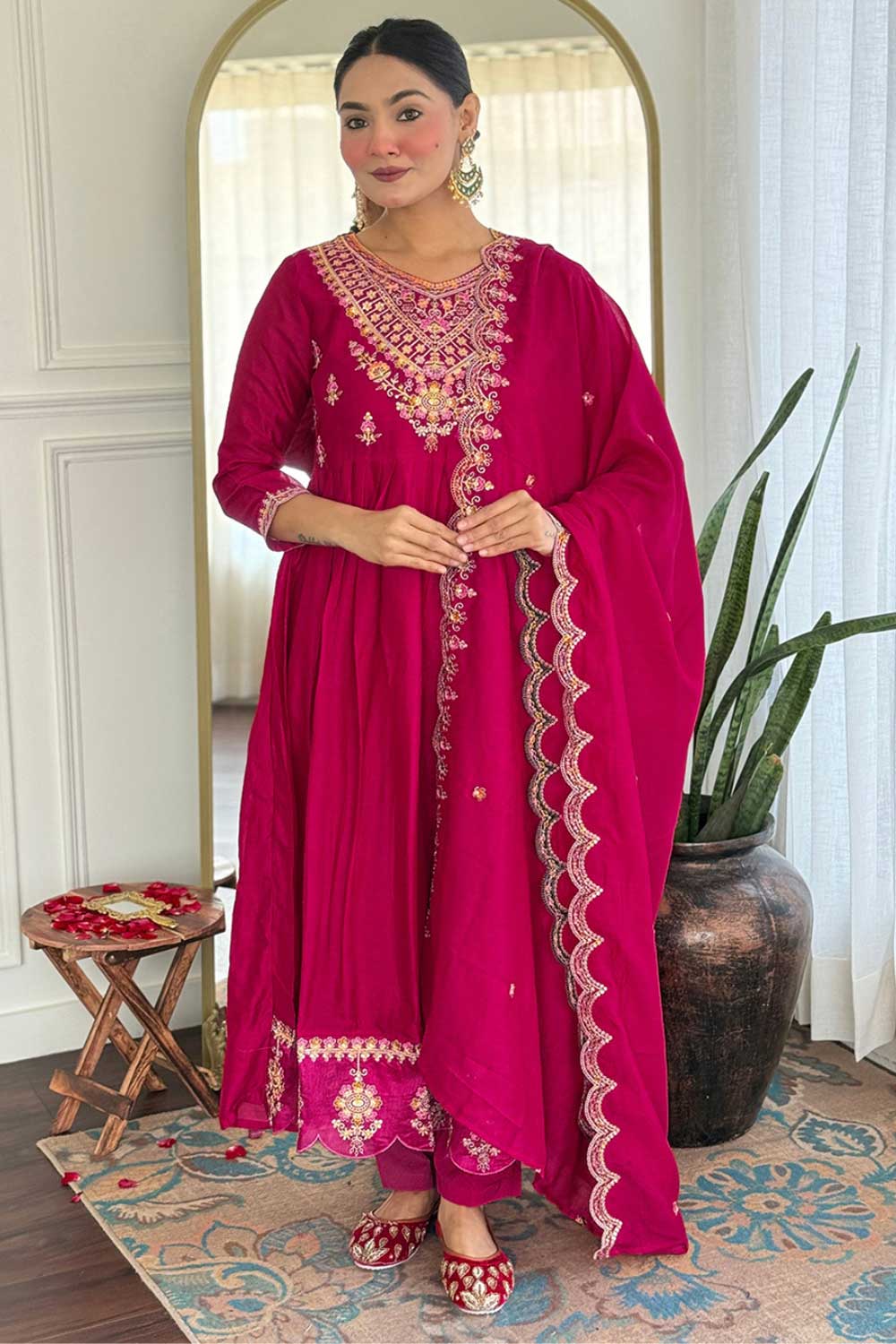 Vichitra Silk Fabric Magenta Color Gorgeous Readymade Salwar Suit | Buy Online India