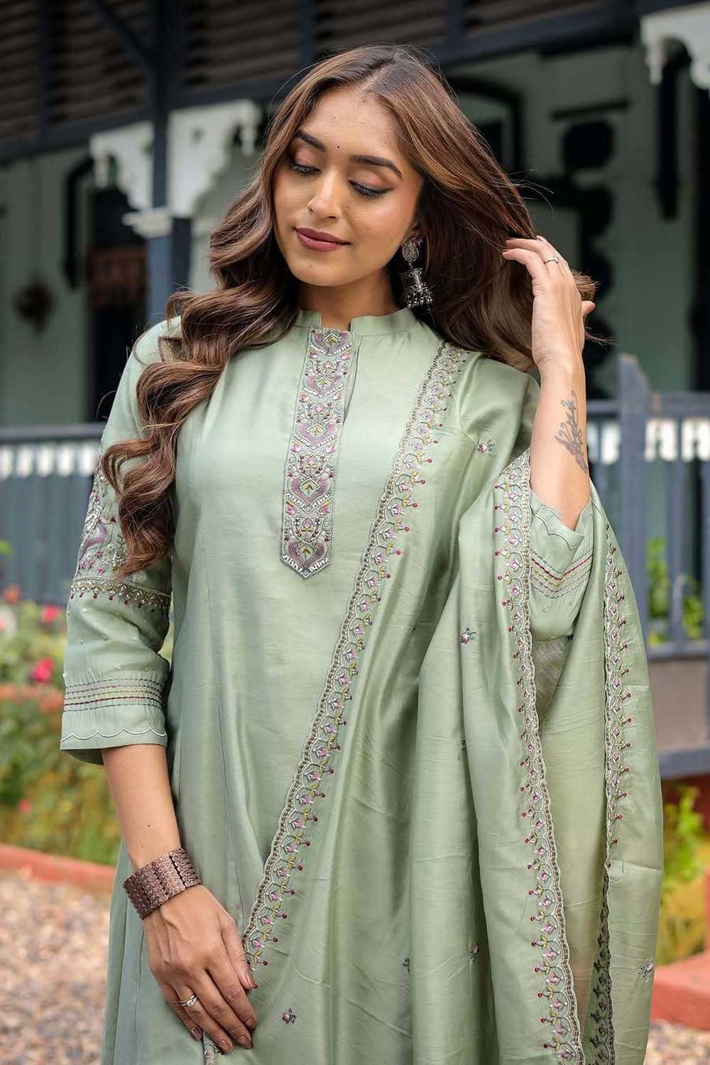 Graceful Muslin Fabric Sea Green Color Readymade Salwar Suit | Buy Online India