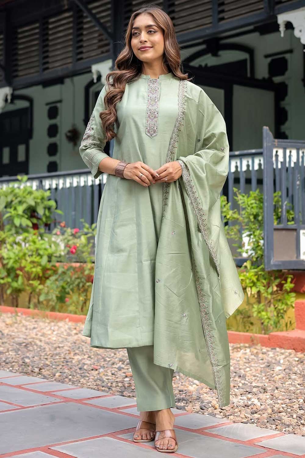 Graceful Muslin Fabric Sea Green Color Readymade Salwar Suit | Buy Online India