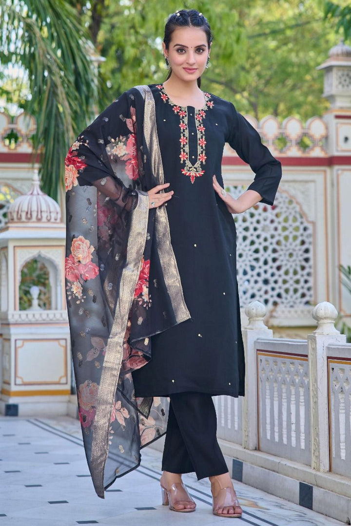 Trendy look Black Color Chanderi Fabric Readymade Salwar Suit | Buy Online India