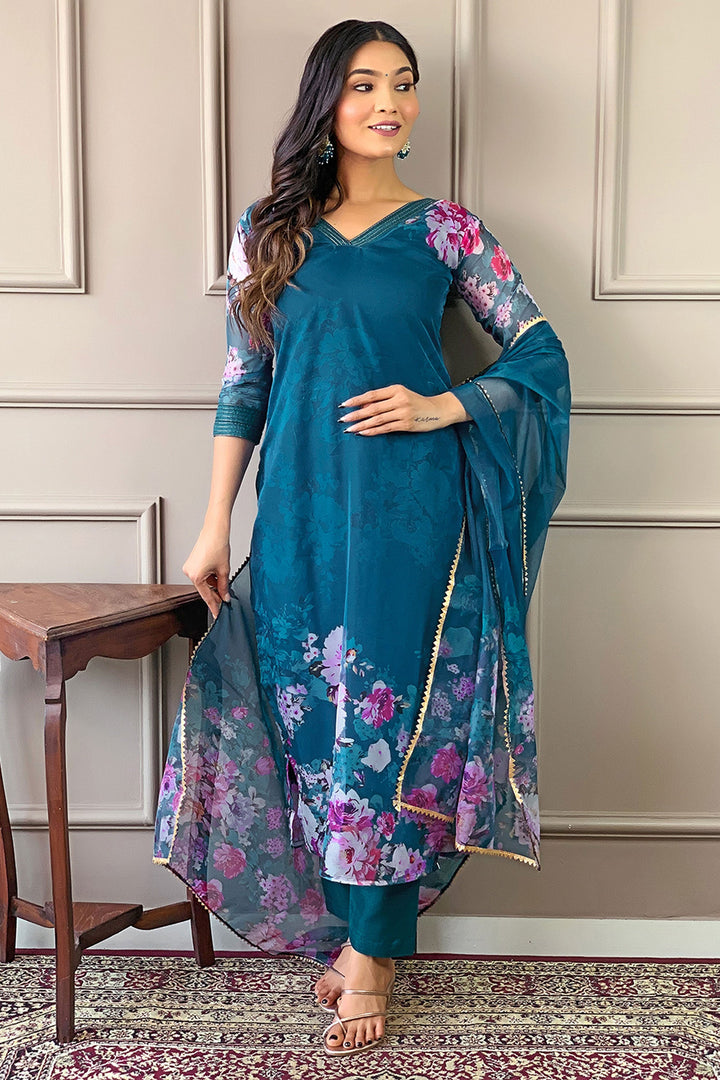 Engaging Teal Color Fancy Fabric Readymade Salwar Suit | Buy Online India