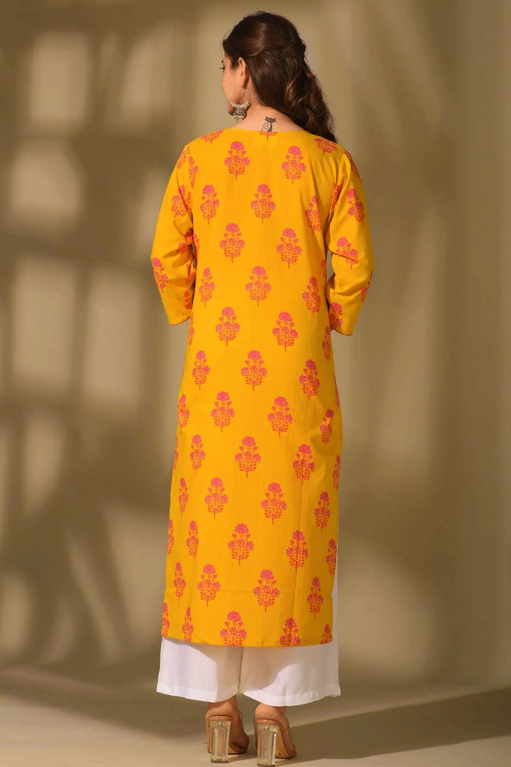 Yellow Color Engaging Readymade Long Cotton Kurti | Buy Online India