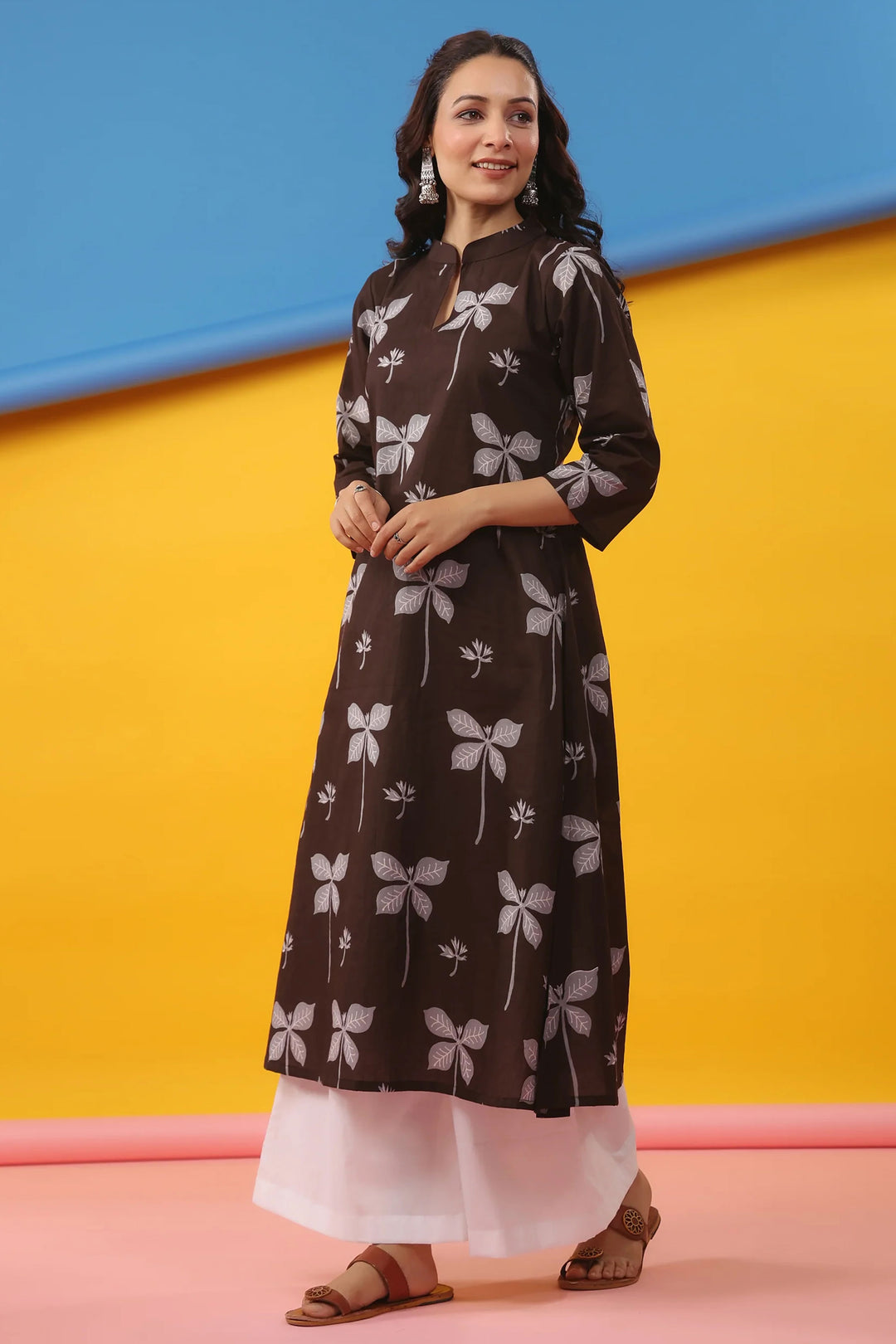 Brown Color Delicate Readymade Long Cotton Kurti | Buy Online India