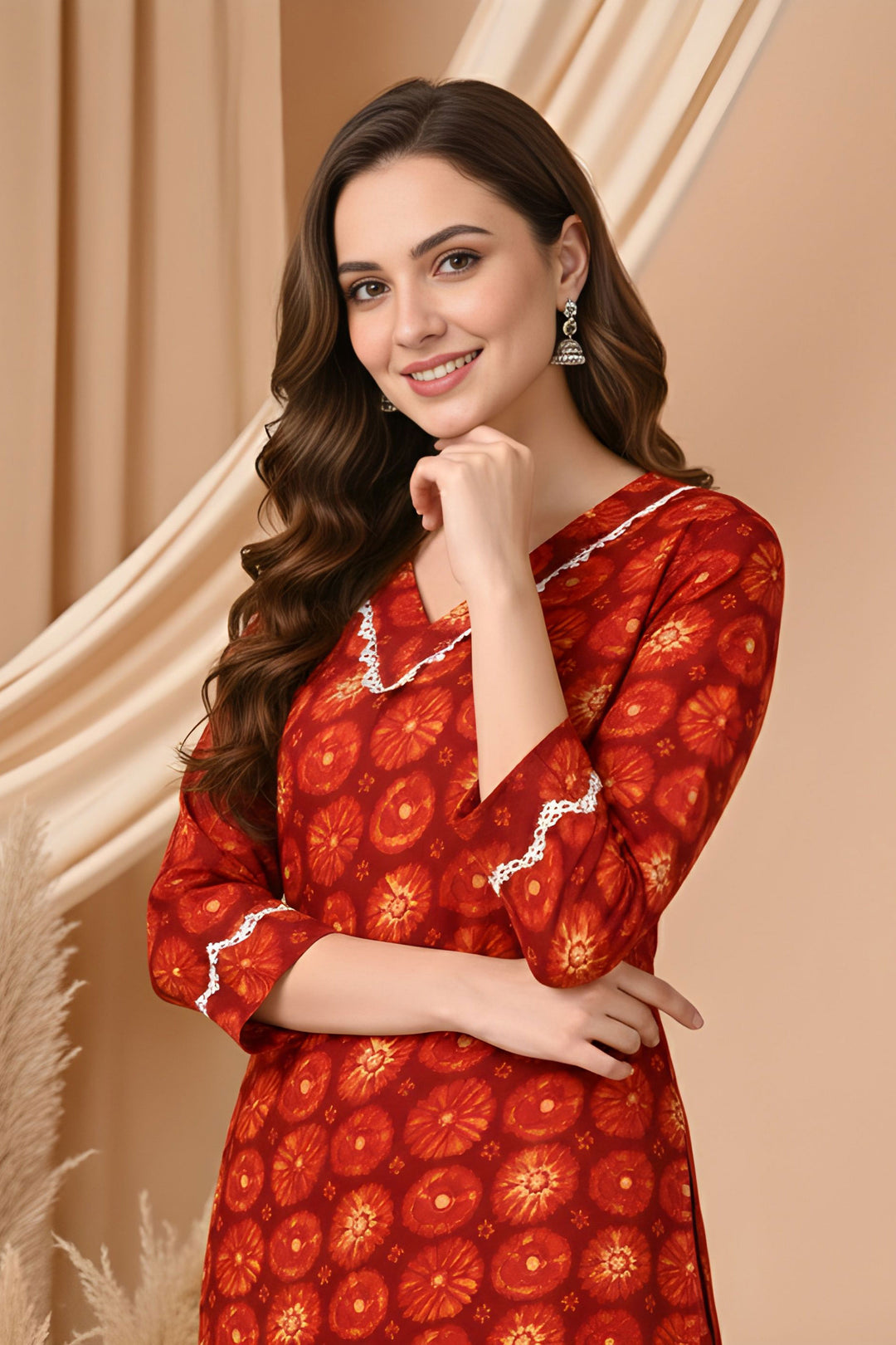 Red Color Art Silk Readymade Printed Kurti With Bottom