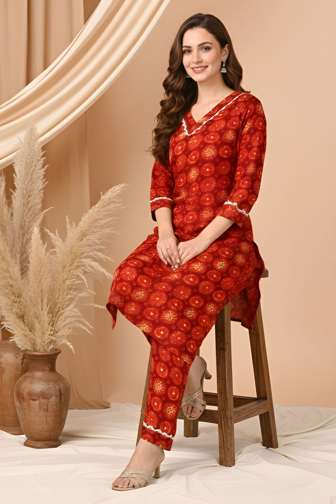 Red Color Art Silk Readymade Printed Kurti With Bottom