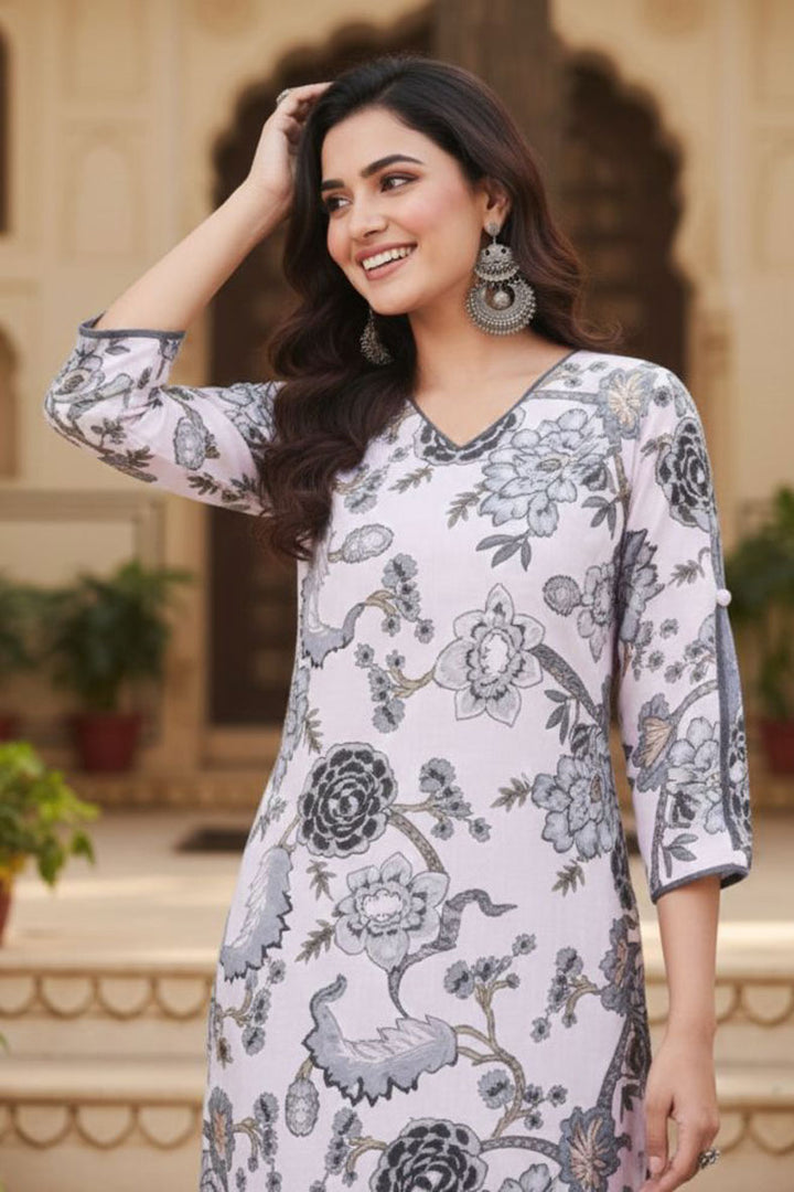 White Color Readymade Printed Cotton Kurti With Bottom