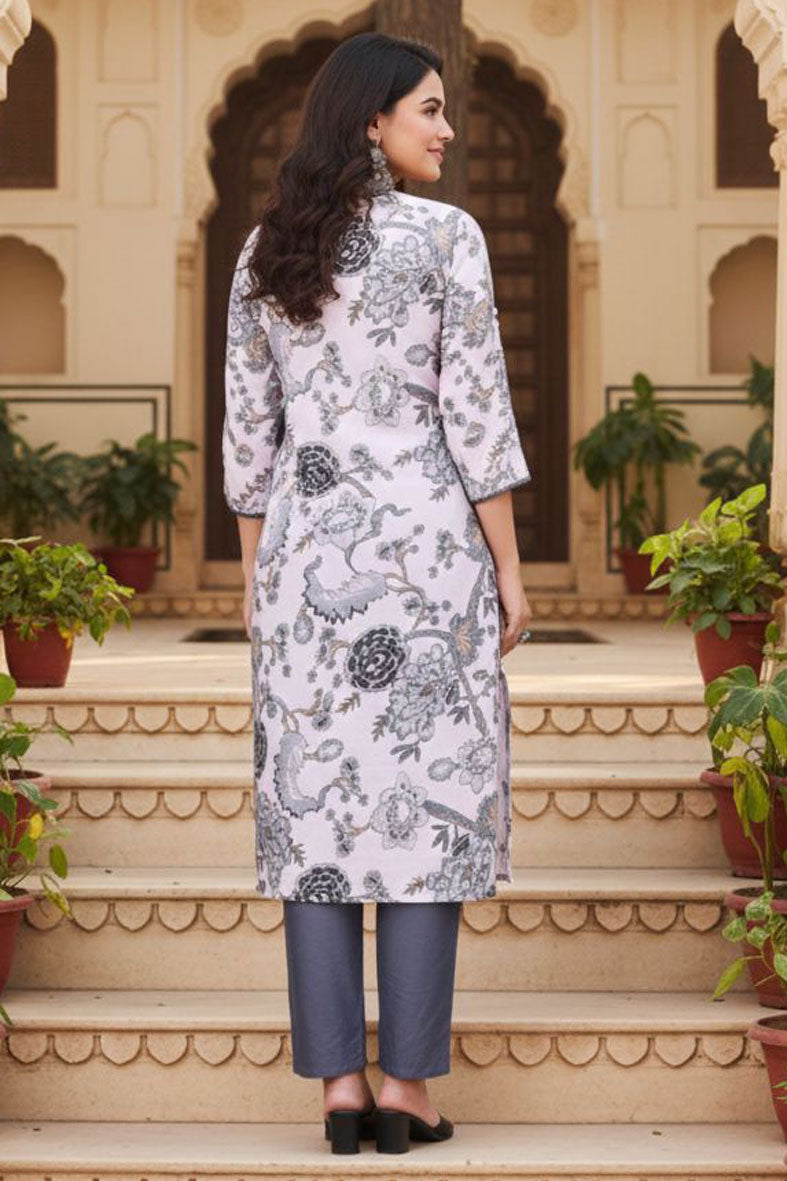 White Color Readymade Printed Cotton Kurti With Bottom