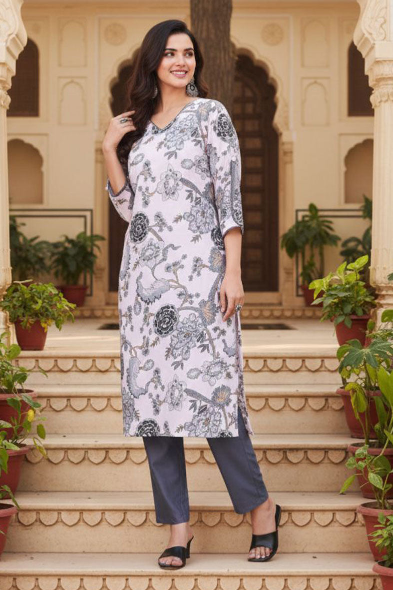 White Color Readymade Printed Cotton Kurti With Bottom