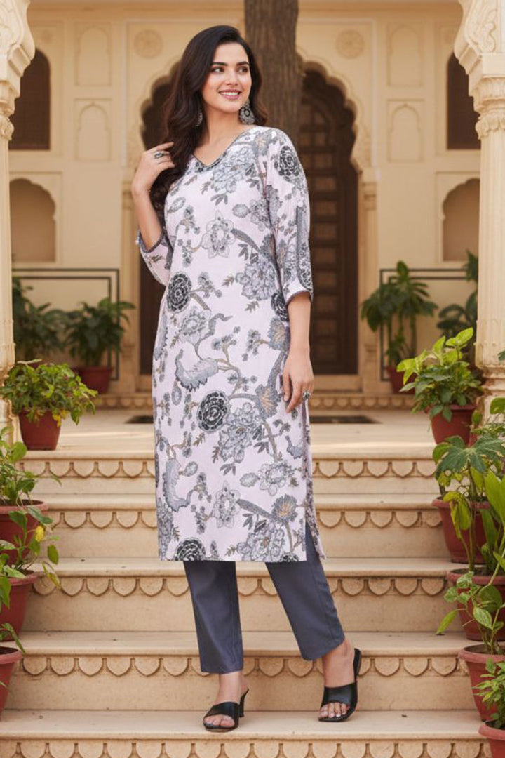 White Color Readymade Printed Cotton Kurti With Bottom