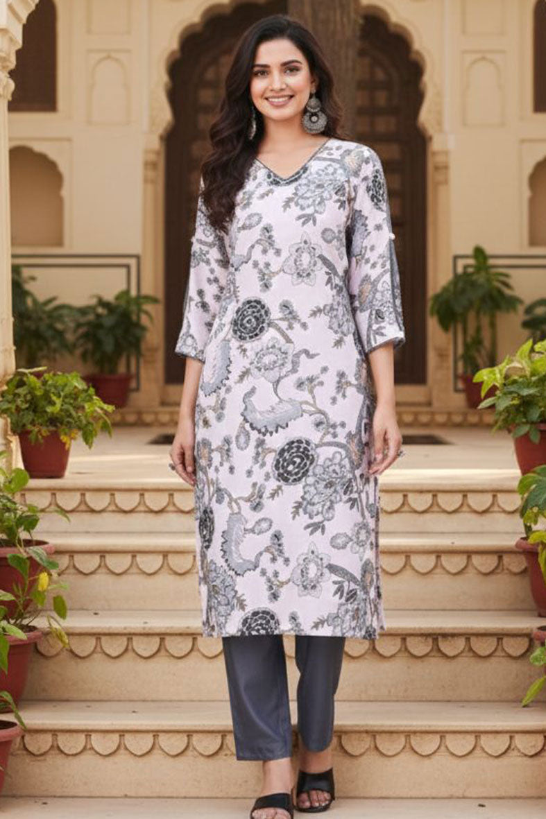 White Color Readymade Printed Cotton Kurti With Bottom