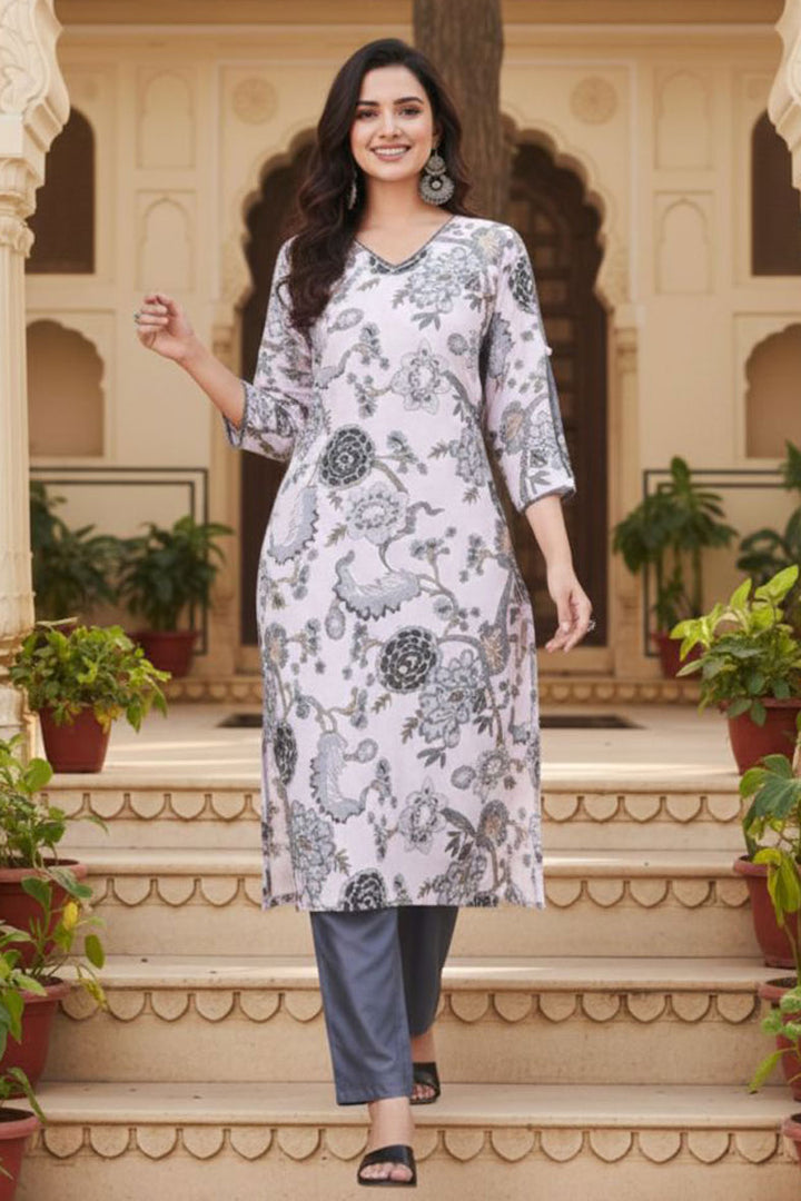 White Color Readymade Printed Cotton Kurti With Bottom